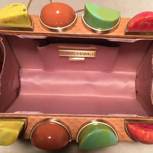 Tonya Hawkes Tan Faux Snakeskin Convertible Clutch with Marble Multicolor Studs - Picture 5 of 7